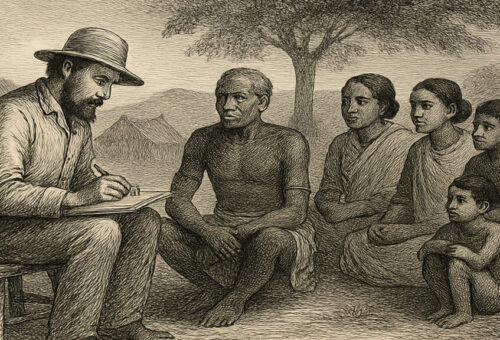 Funcionario colonial británico tomando notas etnográficas en el siglo XIX (Imagen generada por IA)