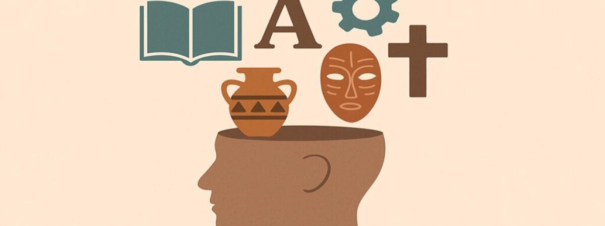 En la imagen aparece el dibujo de una cabeza abierta sobre la que entran, alternativamente, iconos de un libro, vasija de barro, máscara, letras, símbolos religiosos...