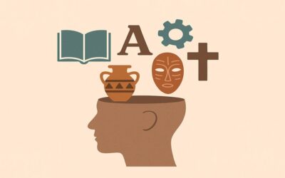 En la imagen aparece el dibujo de una cabeza abierta sobre la que entran, alternativamente, iconos de un libro, vasija de barro, máscara, letras, símbolos religiosos...