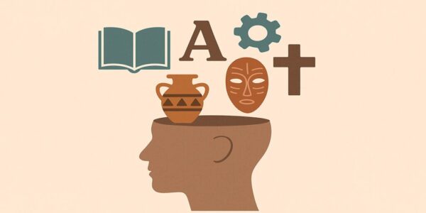 cultura En la imagen aparece el dibujo de una cabeza abierta sobre la que entran, alternativamente, iconos de un libro, vasija de barro, máscara, letras, símbolos religiosos...