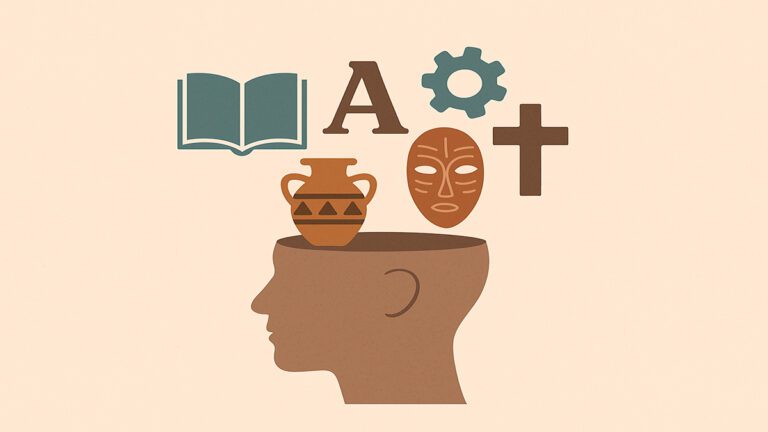 En la imagen aparece el dibujo de una cabeza abierta sobre la que entran, alternativamente, iconos de un libro, vasija de barro, máscara, letras, símbolos religiosos...