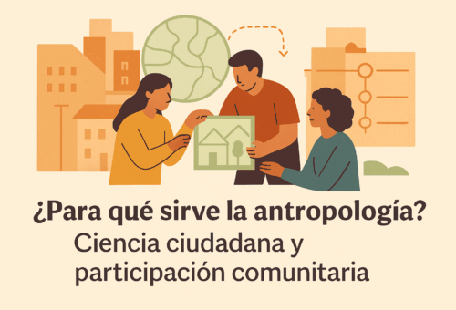 Ilustración minimalista de un barrio con siluetas de personas colaborando, en tonos cálidos y detalles en verde y azul, que representa la participación comunitaria y la ciencia ciudadana en antropología.