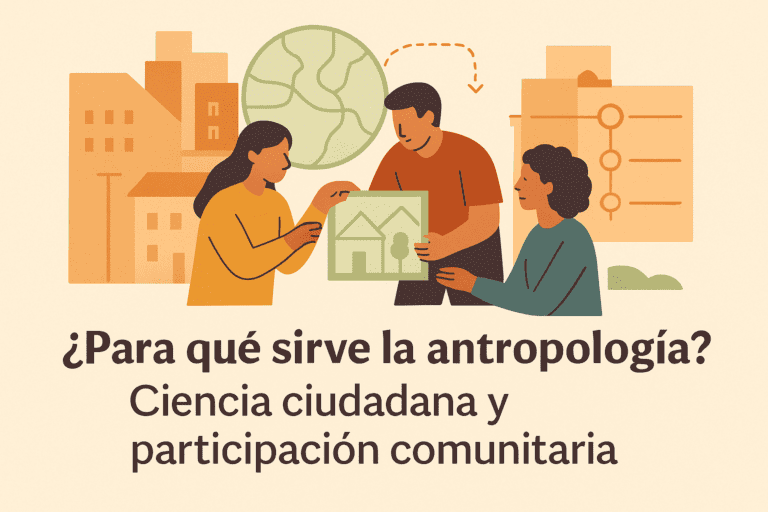 Ilustración minimalista de un barrio con siluetas de personas colaborando, en tonos cálidos y detalles en verde y azul, que representa la participación comunitaria y la ciencia ciudadana en antropología.