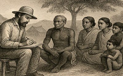 Funcionario colonial británico tomando notas etnográficas en el siglo XIX (Imagen generada por IA)