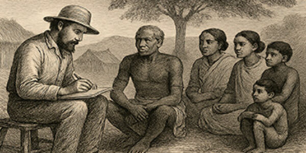 Query-and-notes Funcionario colonial británico tomando notas etnográficas en el siglo XIX (Imagen generada por IA)