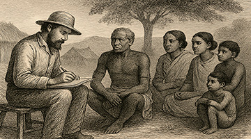 Funcionario colonial británico tomando notas etnográficas en el siglo XIX (Imagen generada por IA)