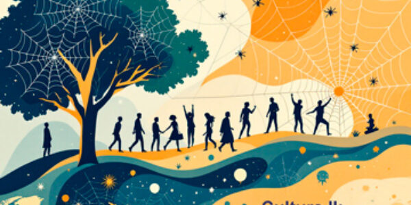 Cultura-II "Ilustración abstracta que representa las teorías antropológicas de la cultura: telarañas de significado (Geertz), sistemas clasificatorios (Douglas), cuerpos en movimiento (Bourdieu) y diversidad cultural (Boas/Mead).