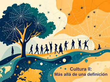 "Ilustración abstracta que representa las teorías antropológicas de la cultura: telarañas de significado (Geertz), sistemas clasificatorios (Douglas), cuerpos en movimiento (Bourdieu) y diversidad cultural (Boas/Mead).