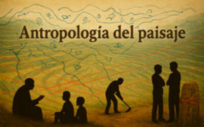 antropología-del-paisaje Alt-text: Collage digital en formato horizontal que muestra unas terrazas agrícolas en tonos ocres y verdes. Sobre el paisaje aparecen líneas azules inspiradas en mapas indígenas y varios hilos rojos cruzados que simbolizan tensiones territoriales. En primer plano se ven siluetas negras: una persona mayor contando historias a dos niños, otra trabajando la tierra y dos figuras enfrentadas. A la derecha hay una piedra marcada con símbolos y atada con cintas rojas. En la parte superior se lee el título “Antropología del paisaje”. La imagen tiene textura de papel envejecido.