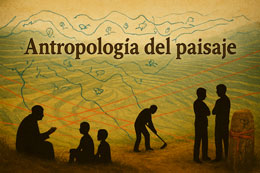 Alt-text: Collage digital en formato horizontal que muestra unas terrazas agrícolas en tonos ocres y verdes. Sobre el paisaje aparecen líneas azules inspiradas en mapas indígenas y varios hilos rojos cruzados que simbolizan tensiones territoriales. En primer plano se ven siluetas negras: una persona mayor contando historias a dos niños, otra trabajando la tierra y dos figuras enfrentadas. A la derecha hay una piedra marcada con símbolos y atada con cintas rojas. En la parte superior se lee el título “Antropología del paisaje”. La imagen tiene textura de papel envejecido.