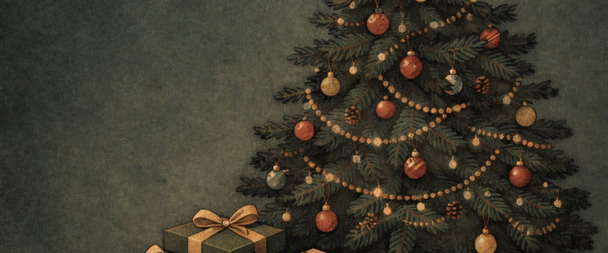 regalos-navidad-mirada-antropologica-don Ilustración de un árbol de Navidad con regalos debajo que representa el intercambio de dones desde una perspectiva antropológica.