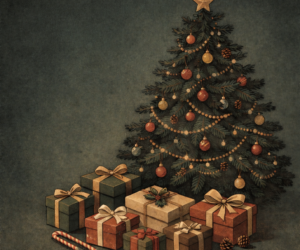 regalos-navidad-mirada-antropologica-don Ilustración de un árbol de Navidad con regalos debajo que representa el intercambio de dones desde una perspectiva antropológica.