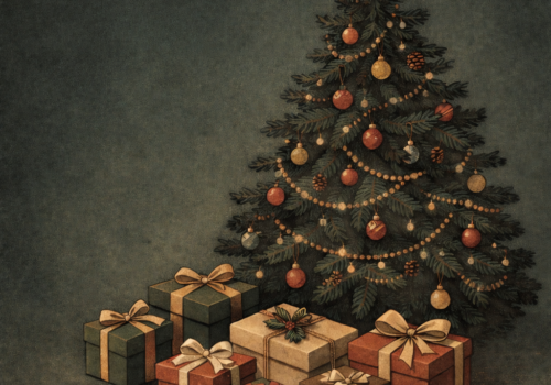 regalos-navidad-mirada-antropologica-don Ilustración de un árbol de Navidad con regalos debajo que representa el intercambio de dones desde una perspectiva antropológica.