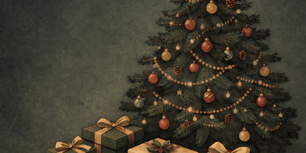 regalos-navidad-mirada-antropologica-don Ilustración de un árbol de Navidad con regalos debajo que representa el intercambio de dones desde una perspectiva antropológica.