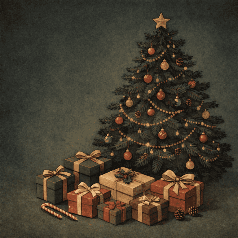 Ilustración de un árbol de Navidad con regalos debajo que representa el intercambio de dones desde una perspectiva antropológica.