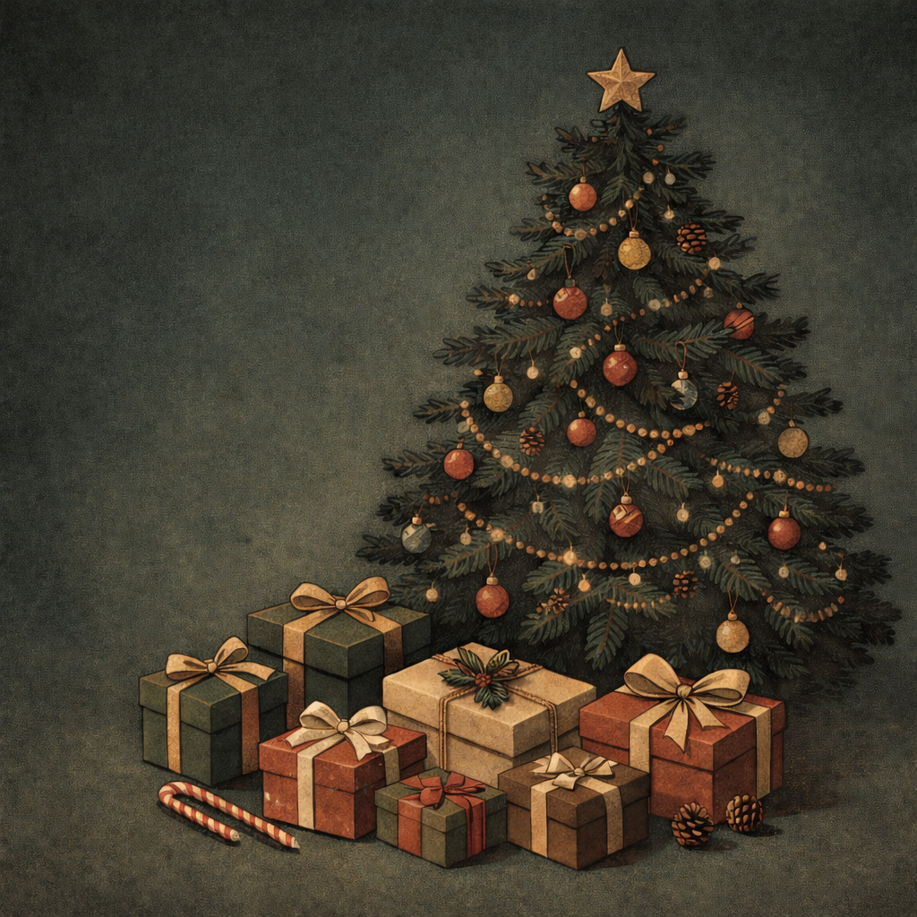 Ilustración de un árbol de Navidad con regalos debajo que representa el intercambio de dones desde una perspectiva antropológica.