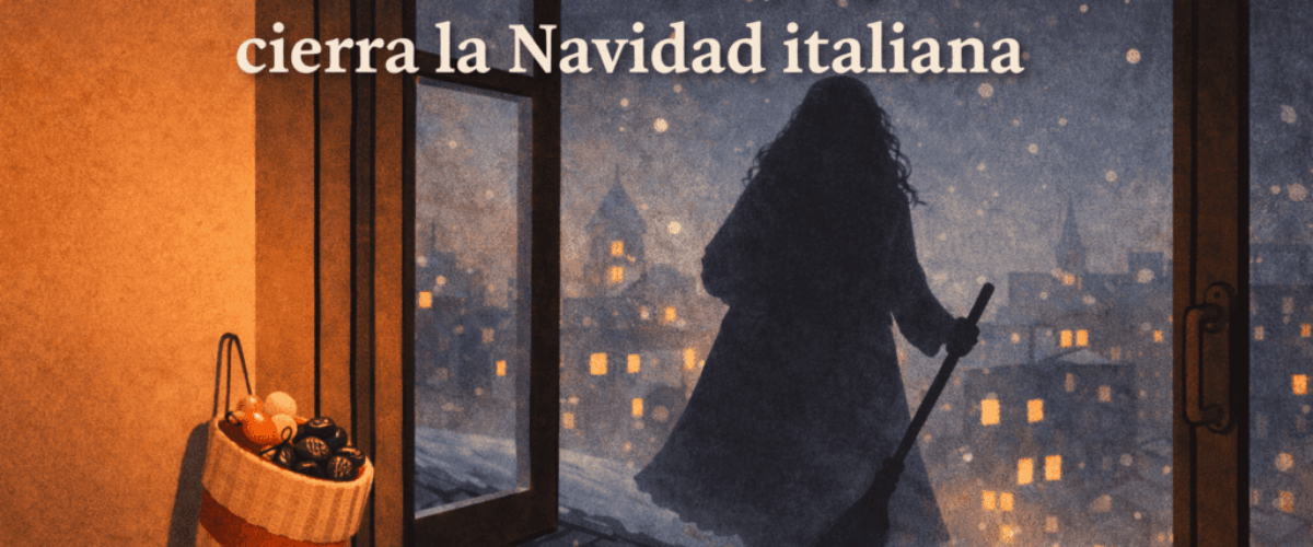 befana-navidad-italia Ilustración de la Befana, bruja que cierra la Navidad italiana: sombra de anciana sobre tejados urbanos vista desde una ventana, con calcetín colgado y dulces en primer plano