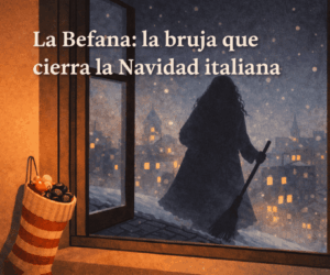 befana-navidad-italia Ilustración de la Befana, bruja que cierra la Navidad italiana: sombra de anciana sobre tejados urbanos vista desde una ventana, con calcetín colgado y dulces en primer plano