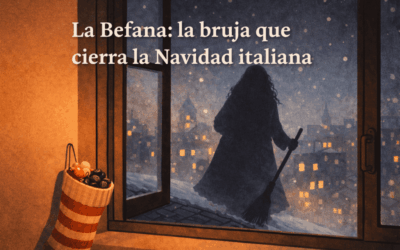Ilustración de la Befana, bruja que cierra la Navidad italiana: sombra de anciana sobre tejados urbanos vista desde una ventana, con calcetín colgado y dulces en primer plano