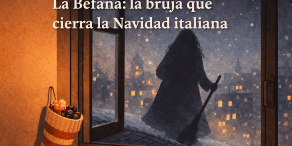 befana-navidad-italia Ilustración de la Befana, bruja que cierra la Navidad italiana: sombra de anciana sobre tejados urbanos vista desde una ventana, con calcetín colgado y dulces en primer plano