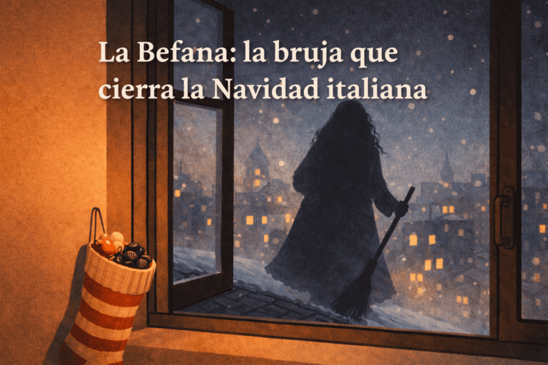 Ilustración de la Befana, bruja que cierra la Navidad italiana: sombra de anciana sobre tejados urbanos vista desde una ventana, con calcetín colgado y dulces en primer plano