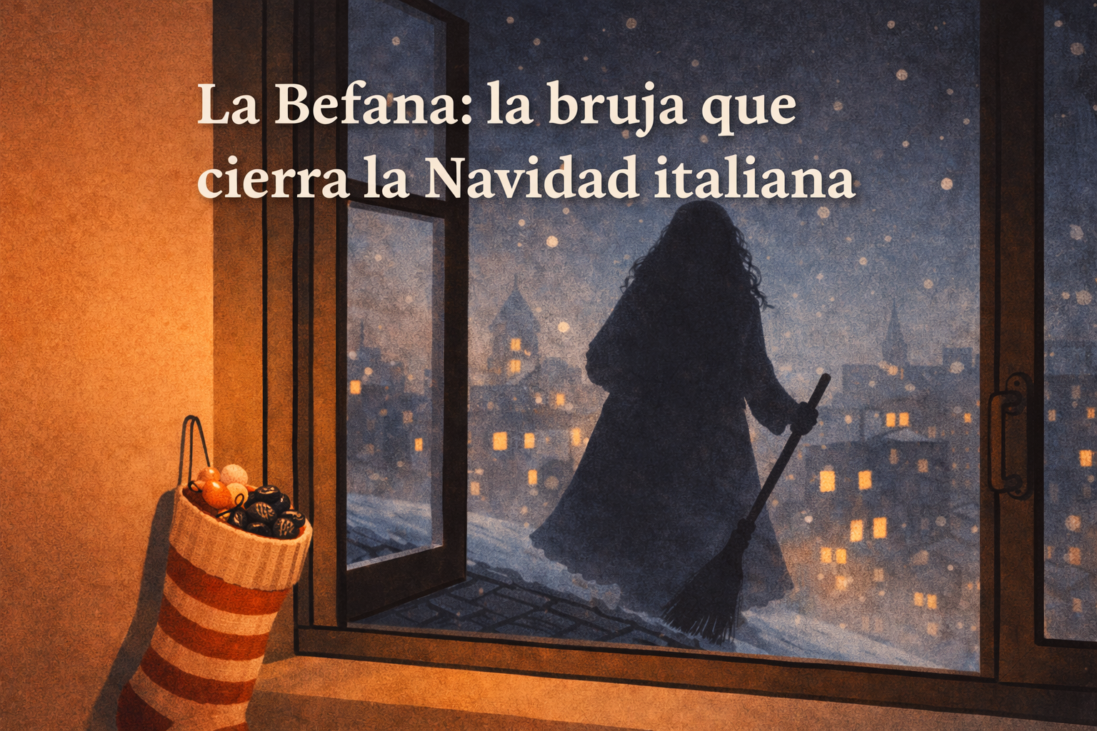 Ilustración de la Befana, bruja que cierra la Navidad italiana: sombra de anciana sobre tejados urbanos vista desde una ventana, con calcetín colgado y dulces en primer plano