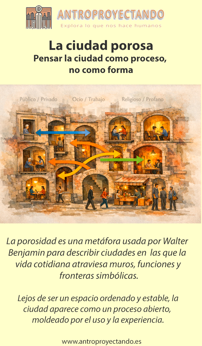 ciudad-porosa Ilustración conceptual de una ciudad porosa inspirada en Walter Benjamin, donde la vida cotidiana atraviesa espacios públicos y privados, mostrando la ciudad como un proceso abierto y dinámico