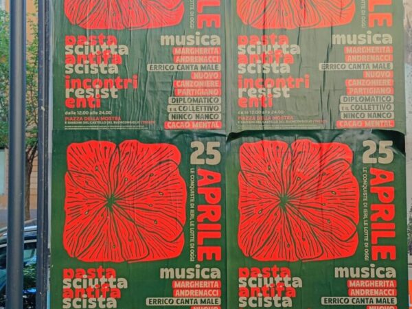 Un cartel de la fiesta del 25 de abril en Italia, Día de la Liberación, en el que se incluye la pastasciutta entre las actividades del día.
