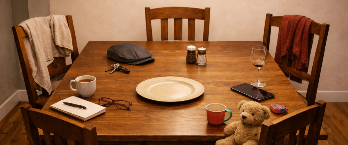 Imagen de una mesa de madera con cinco sillas vacías y una variedad de objetos sobre la mesa: un teléfono, un plato, un peluche, una libreta, un plato o unas gafas.