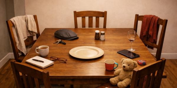 Imagen de una mesa de madera con cinco sillas vacías y una variedad de objetos sobre la mesa: un teléfono, un plato, un peluche, una libreta, un plato o unas gafas.
