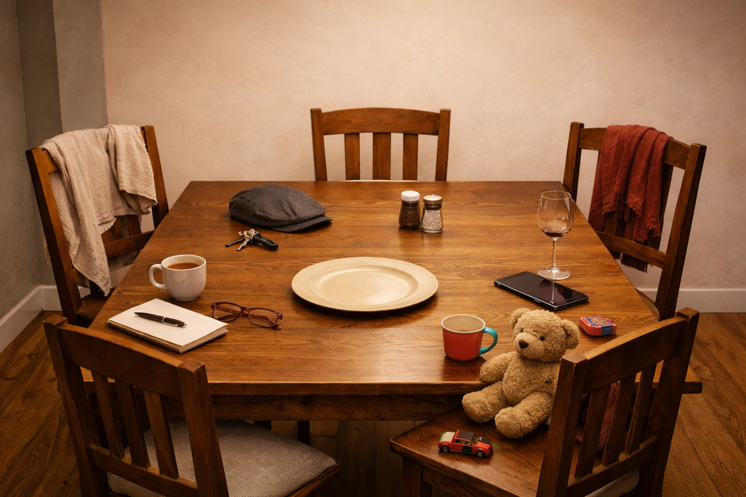 mesa-comer-antropologia Imagen de una mesa de madera con cinco sillas vacías y una variedad de objetos sobre la mesa: un teléfono, un plato, un peluche, una libreta, un plato o unas gafas.