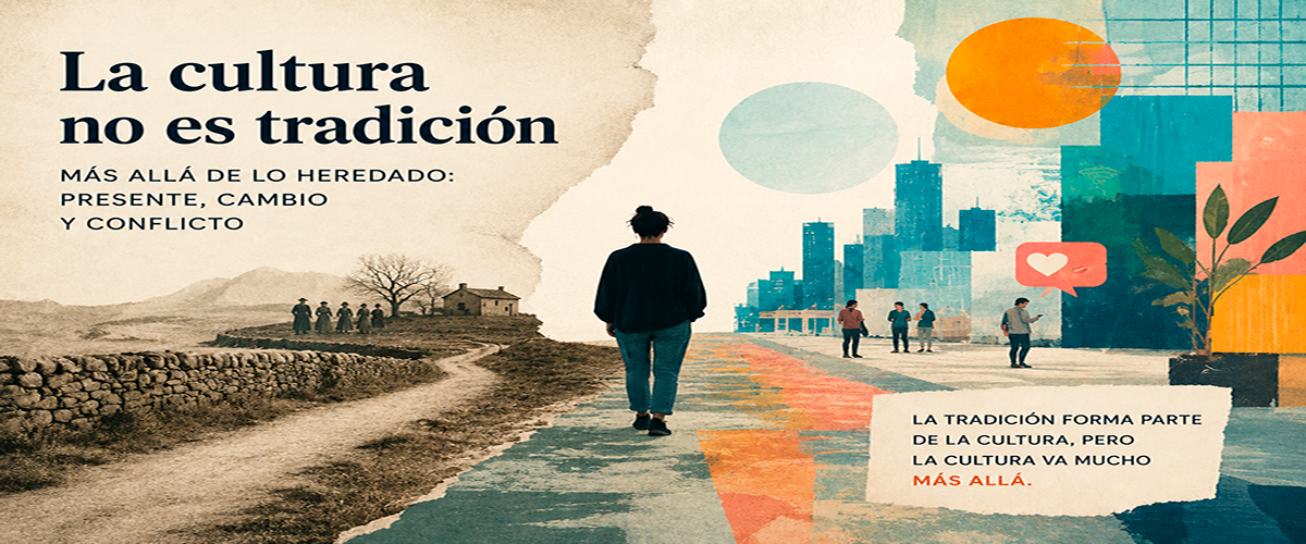 Diferencia entre cultura y tradición representada mediante una ilustración sobre cambio, continuidad y transformación cultural.
